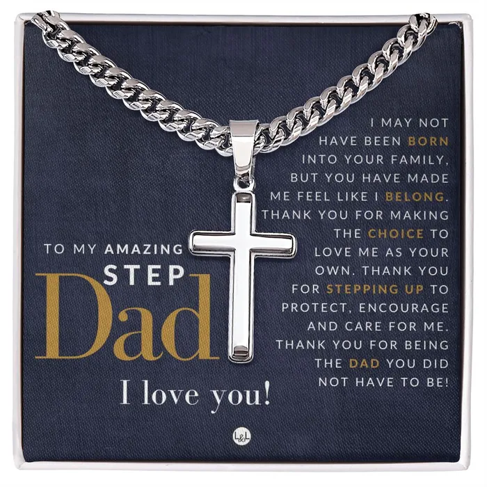 ShineOn Fulfillment Necklaces Step Dad Present Step Dad Gift Bonus Dad Gift Cuban Chain with Artisan Cross Necklace Christian Jewelry For Him For Fathers Day Christmas or His Birthday