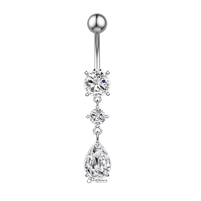 Teardrop CZ Dangle Belly Button Navel Ring Silver Glitters Rings