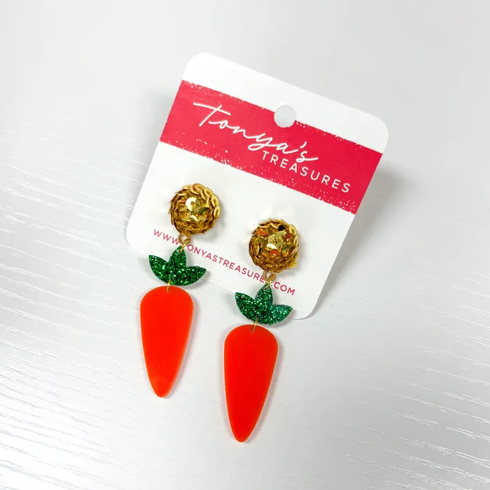 Tonyas Treasures Inc Earrings Bunny Snack Carrot Acrylic Earring Green Glitter